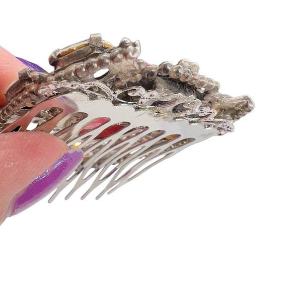 Vintage Clear Glass Stone & Pink Acrylic Cabochon Pot-metal Comb (Former Clip) - Picture 8 of 10